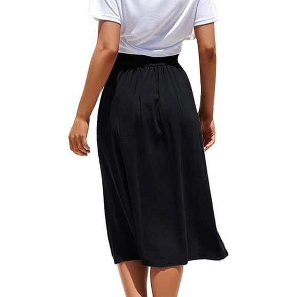 Women's High Waisted Pleated Midi Skirt w/ Pockets - Black - Picture 4 of 6